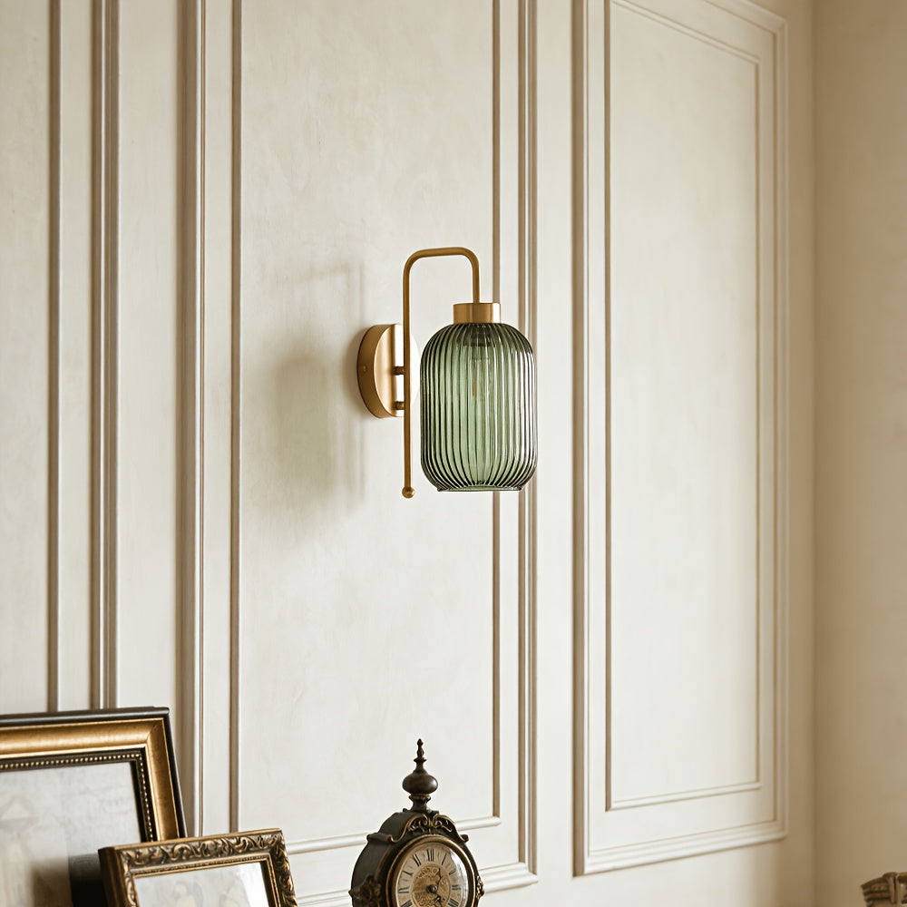 Ribbed Glass Wall Lamp, Green or Amber Brushed Gold Sconce