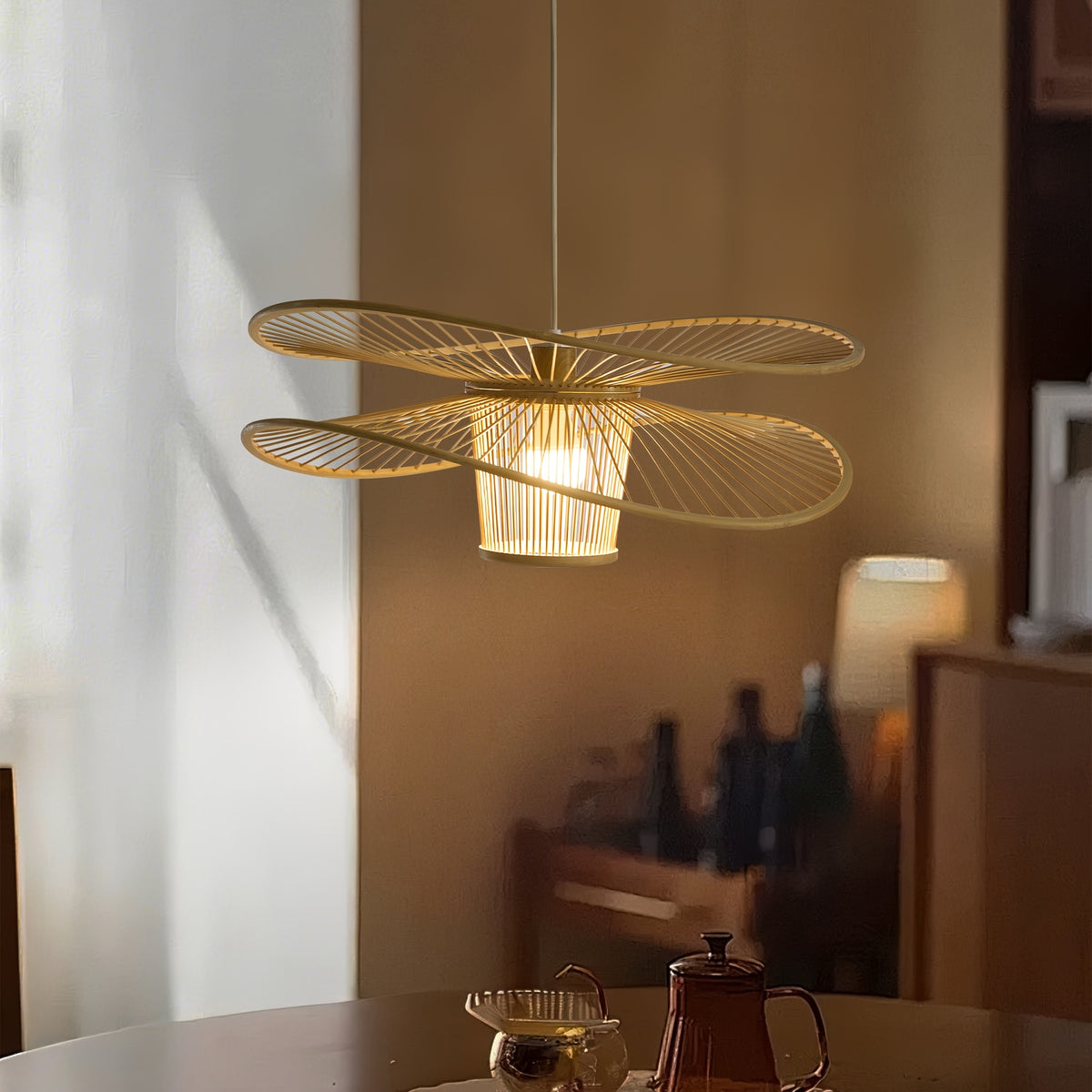 Dragonfly Bamboo Pendant Light, Woven Art Chandelier