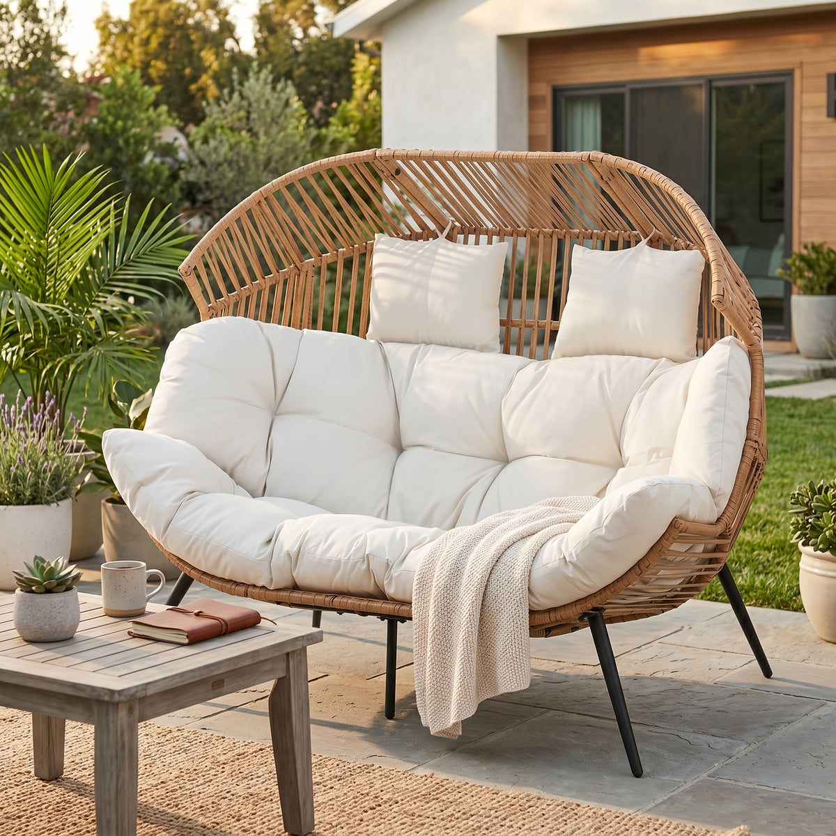 2-Person Outdoor Egg Chair, Oversized Rattan Patio Rocker