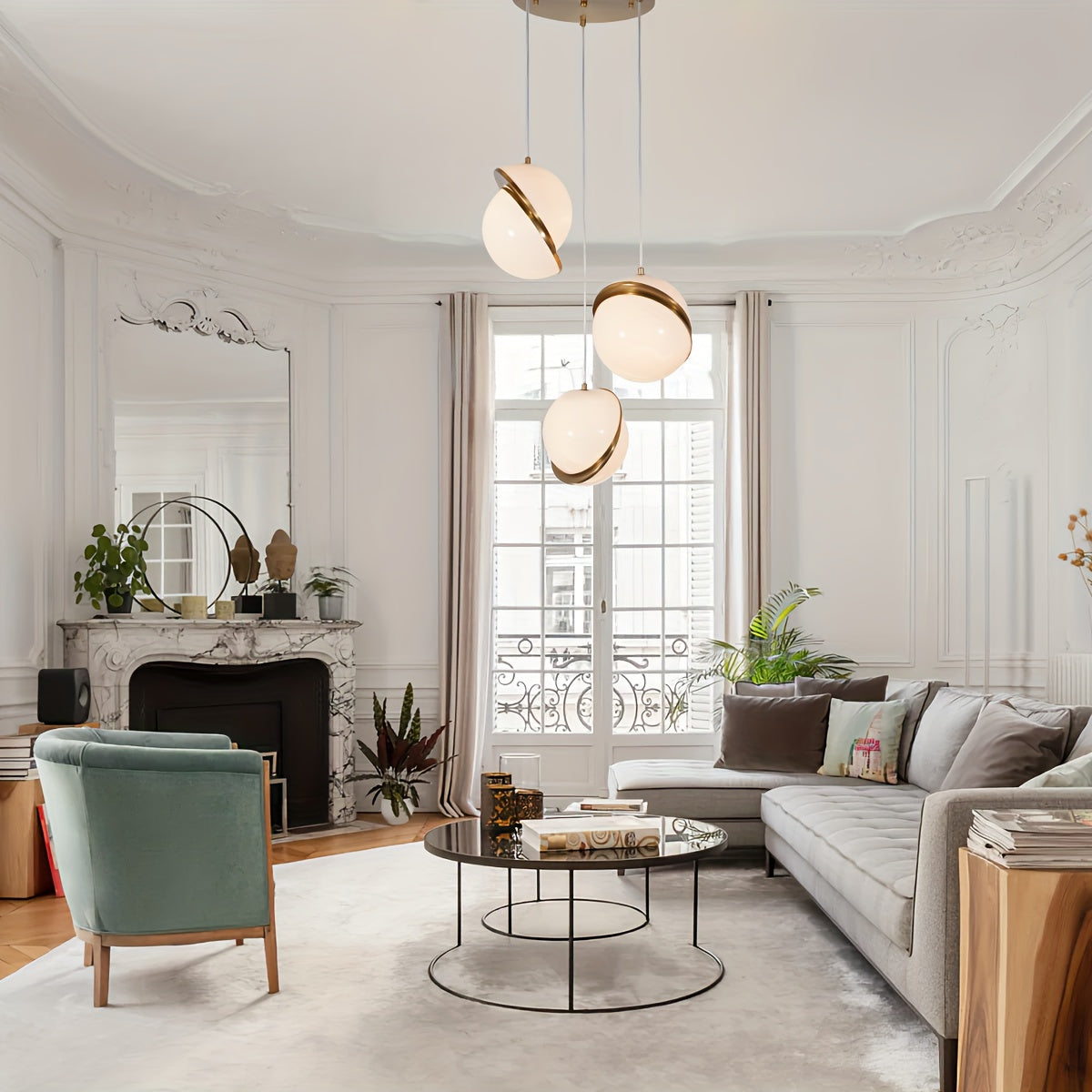 3-Light White Globe Chandelier, Mid-Century Gold