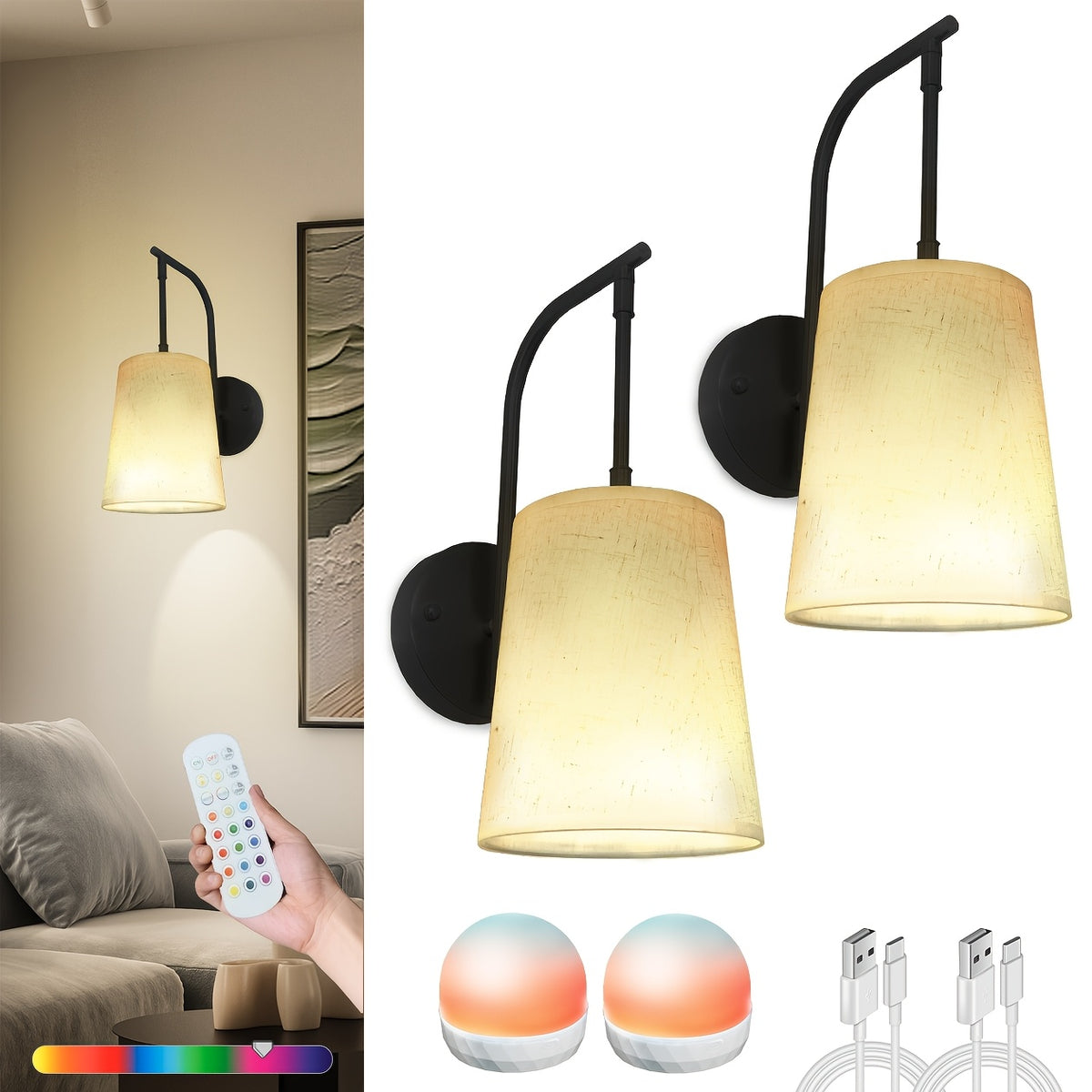 Battery Wall Sconces Set of 2, Linen Shade with Remote