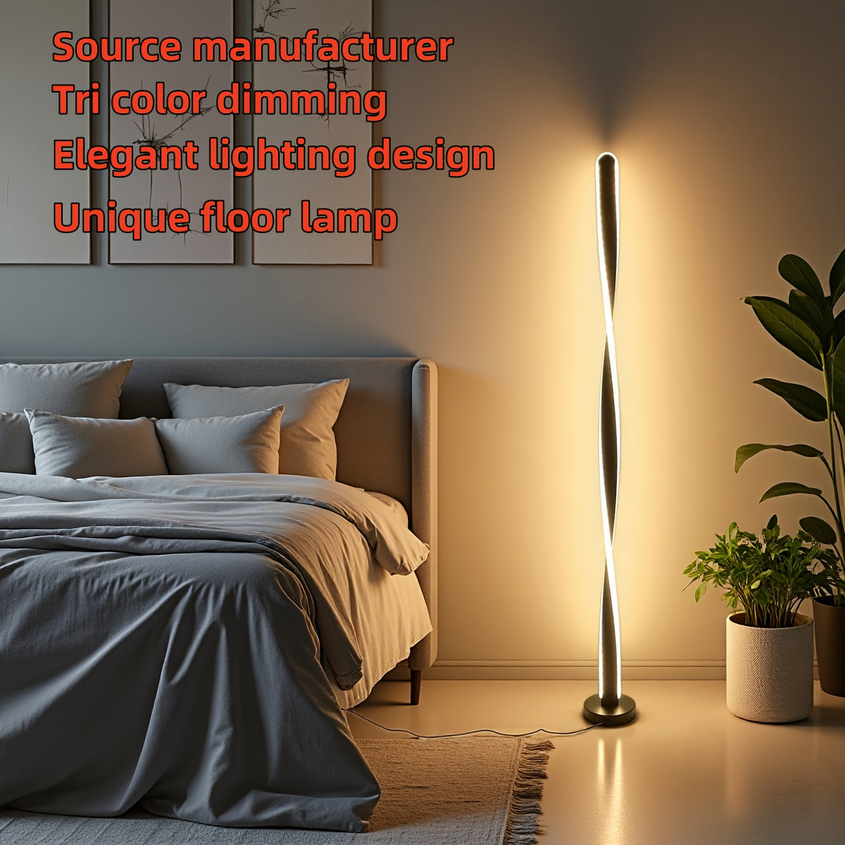 Spiral LED Floor Lamp, USB 3-Colour Dimmable Bedside Light