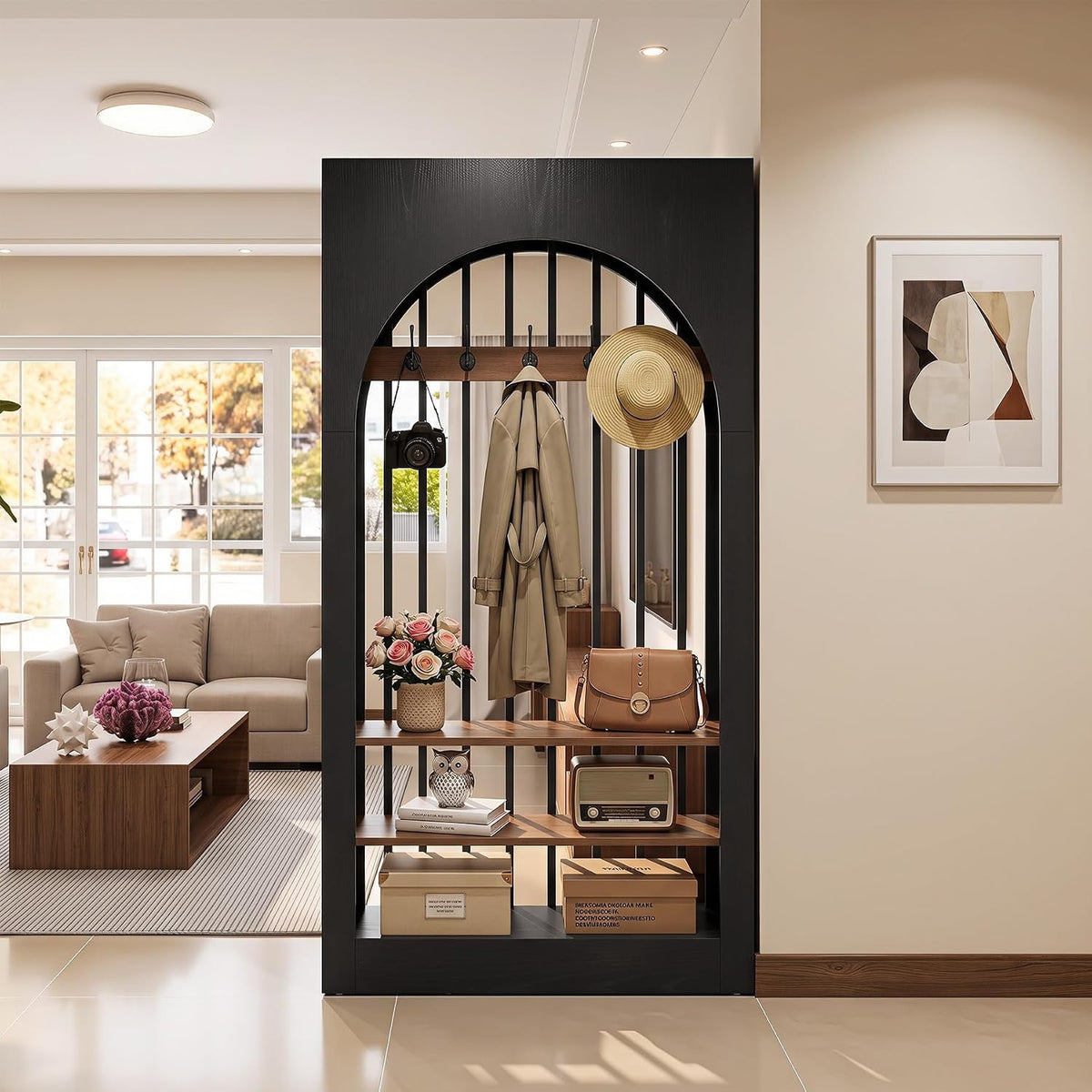 71in Arched Room Divider, Freestanding Wood Partition