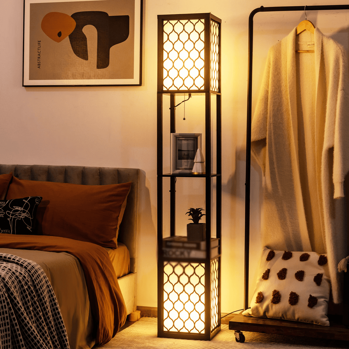Shelf Floor Lamp, Double Light with 2-Tier Wood Shelf