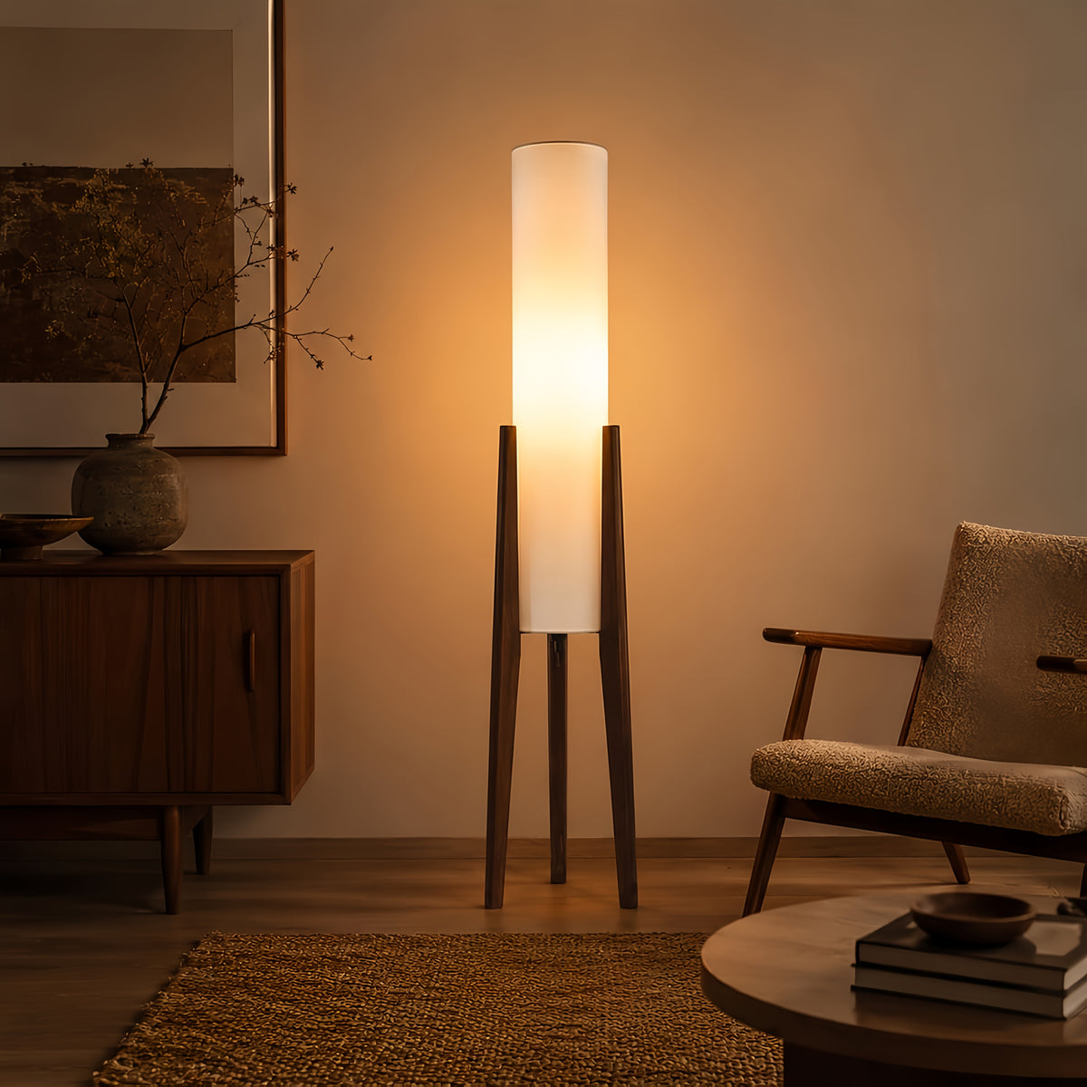 Mid-Century Walnut Tripod Floor Lamp, 48.8in