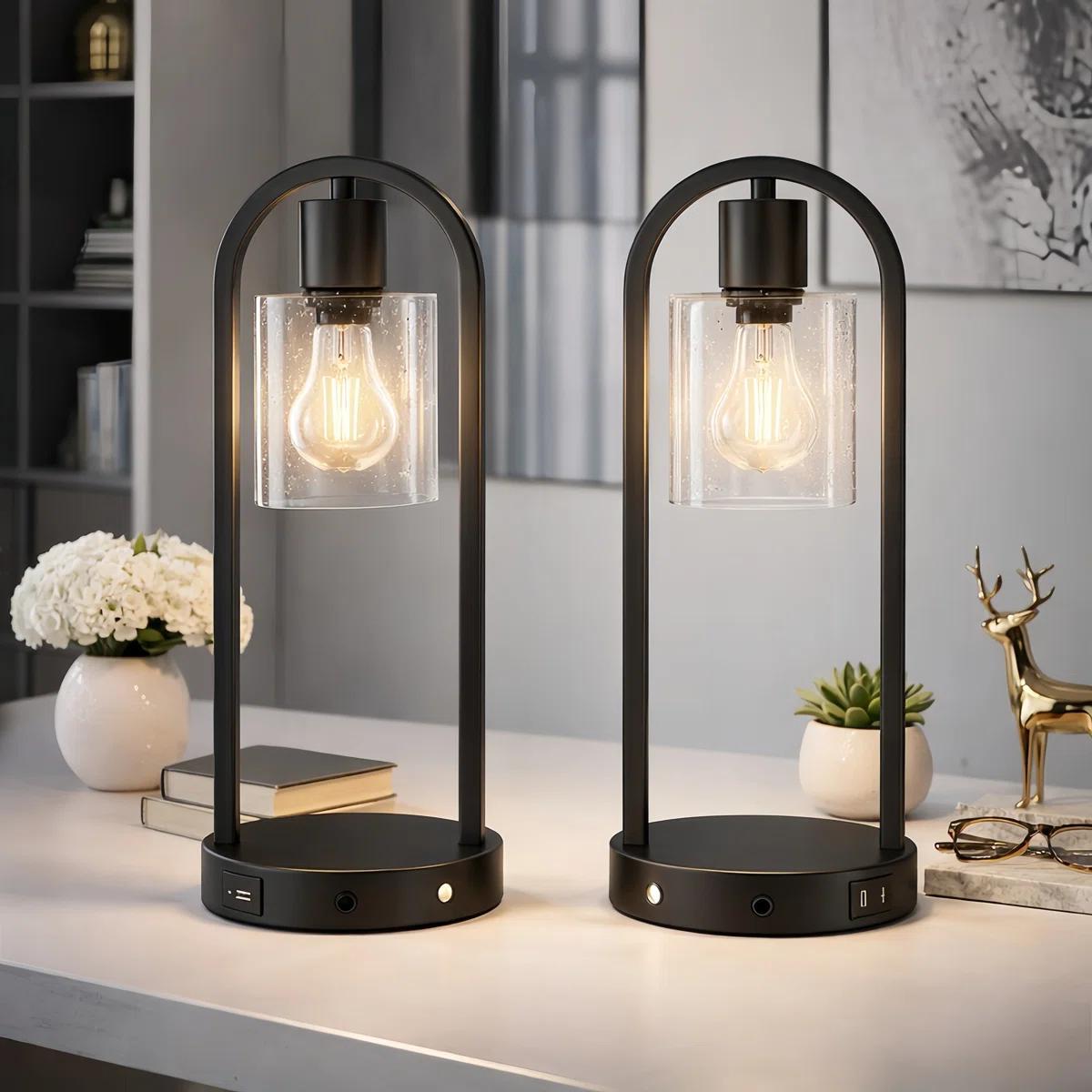 16in Glass Table Lamps Set of 2, Mid-Century Accent Lamps