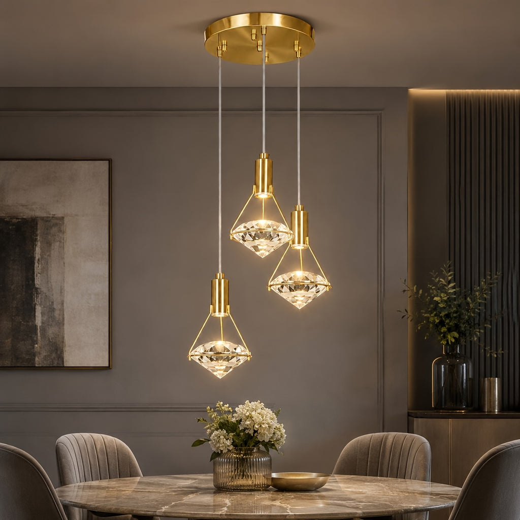 12in Gold Diamond Pendant Light, 3-Head Adjustable LED