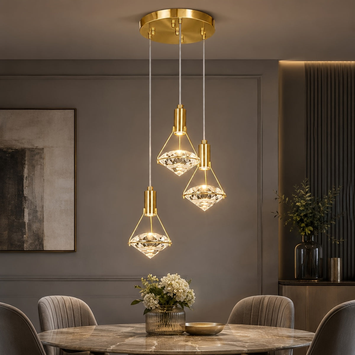 12in Gold Diamond Pendant Light, 3-Head Adjustable LED