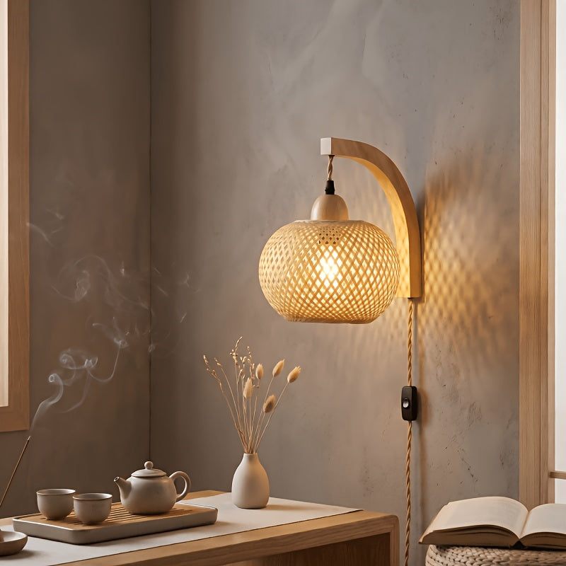 Bamboo Wall Sconce, Plug-In Woven Wicker Lantern Light