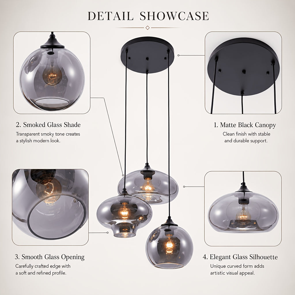 12in Smoked Glass Pendant Chandelier, 3-Light Black