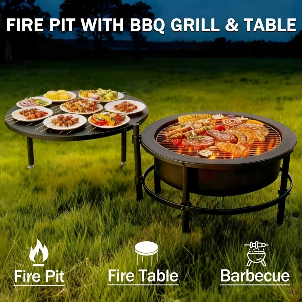55in Fire Pit Bowl 3-in-1, Wood Burning with Grill & Table