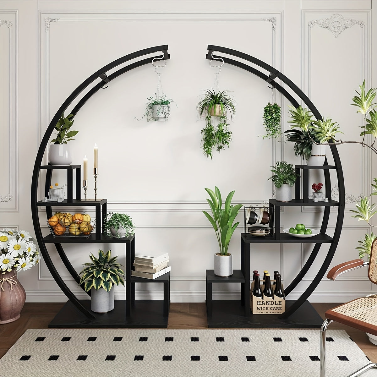 5-Tier Half Moon Plant Stand, Metal Rack with Hanging Hooks