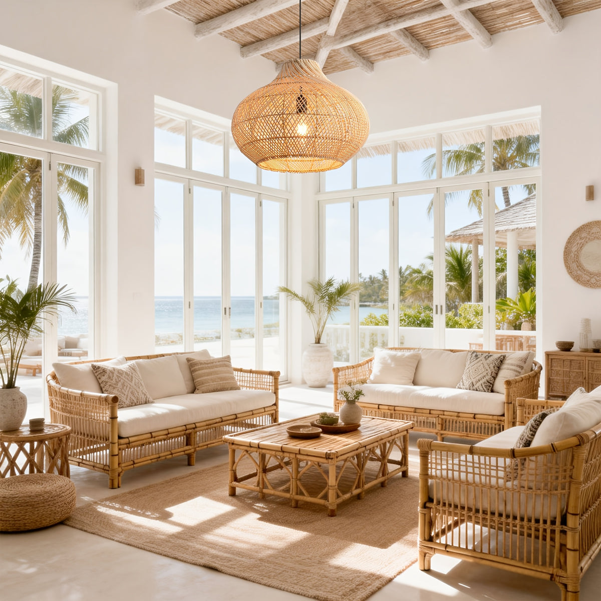 13.8in Caged Rattan Pendant Light, Coastal Woven Ceiling Light