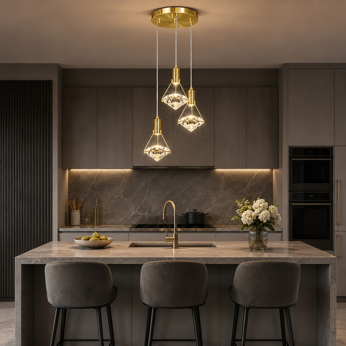 12in Gold Diamond Pendant Light, 3-Head Adjustable LED