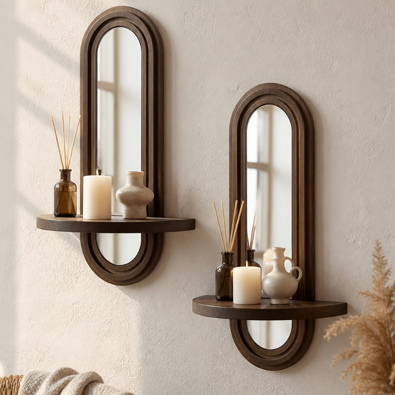 Boho Wall Shelf with Mirror, Wood Hanging Rack with Hooks