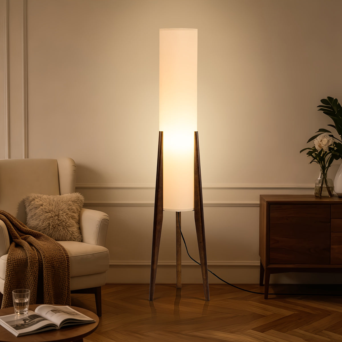 Walnut Tripod Floor Lamp, 3-Color Dimmable 48.8in