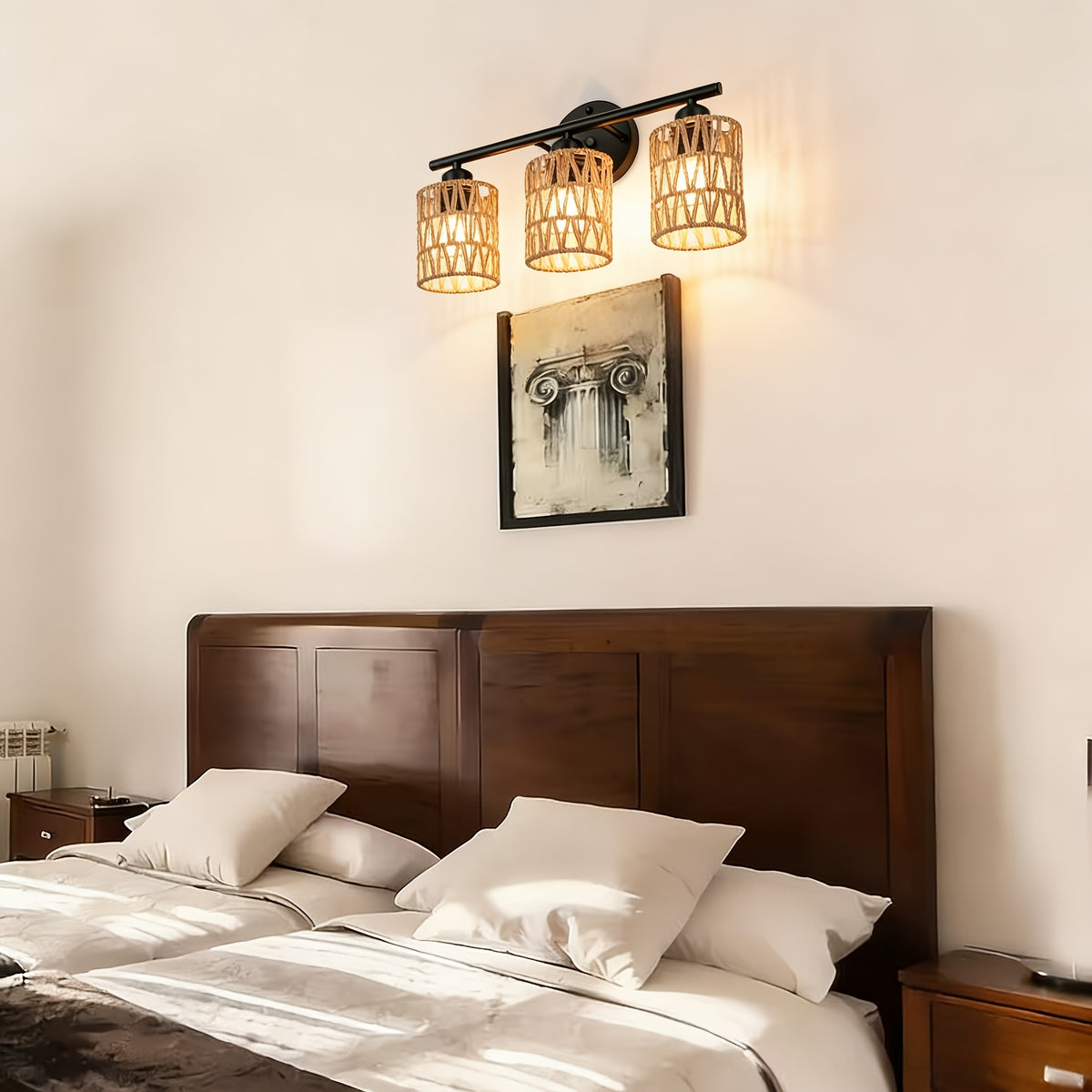 Rattan Bathroom Vanity Light, 3-Light Boho Wall Sconce