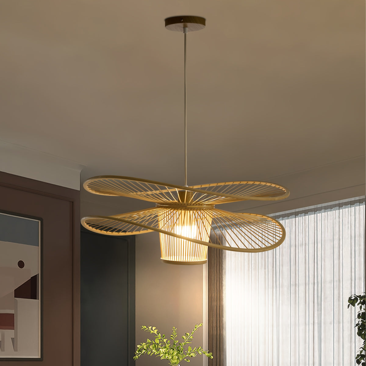 Dragonfly Bamboo Pendant Light, Woven Art Chandelier