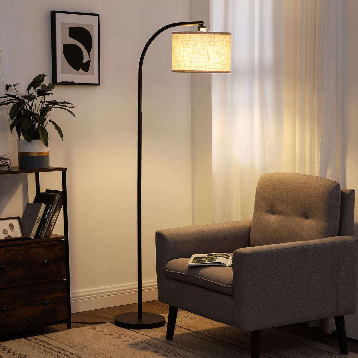 Arched Floor Lamp with Beige Linen Shade, Foot Switch