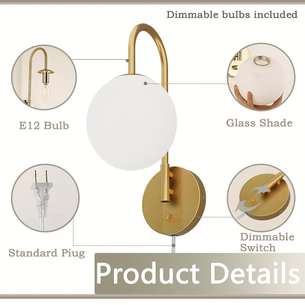 Plug-In Wall Lights Set of 2, Milky Glass Globe Sconces
