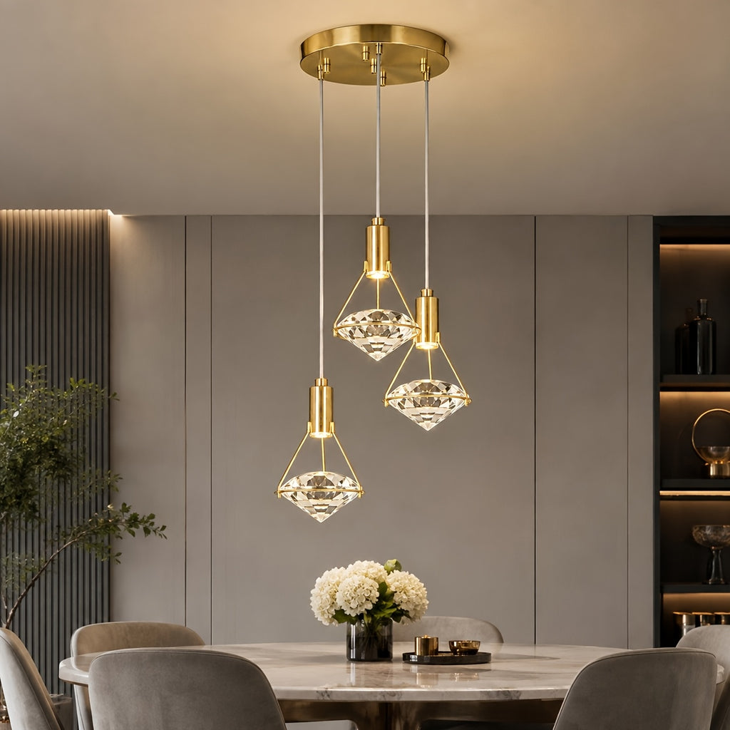 12in Gold Diamond Pendant Light, 3-Head Adjustable LED