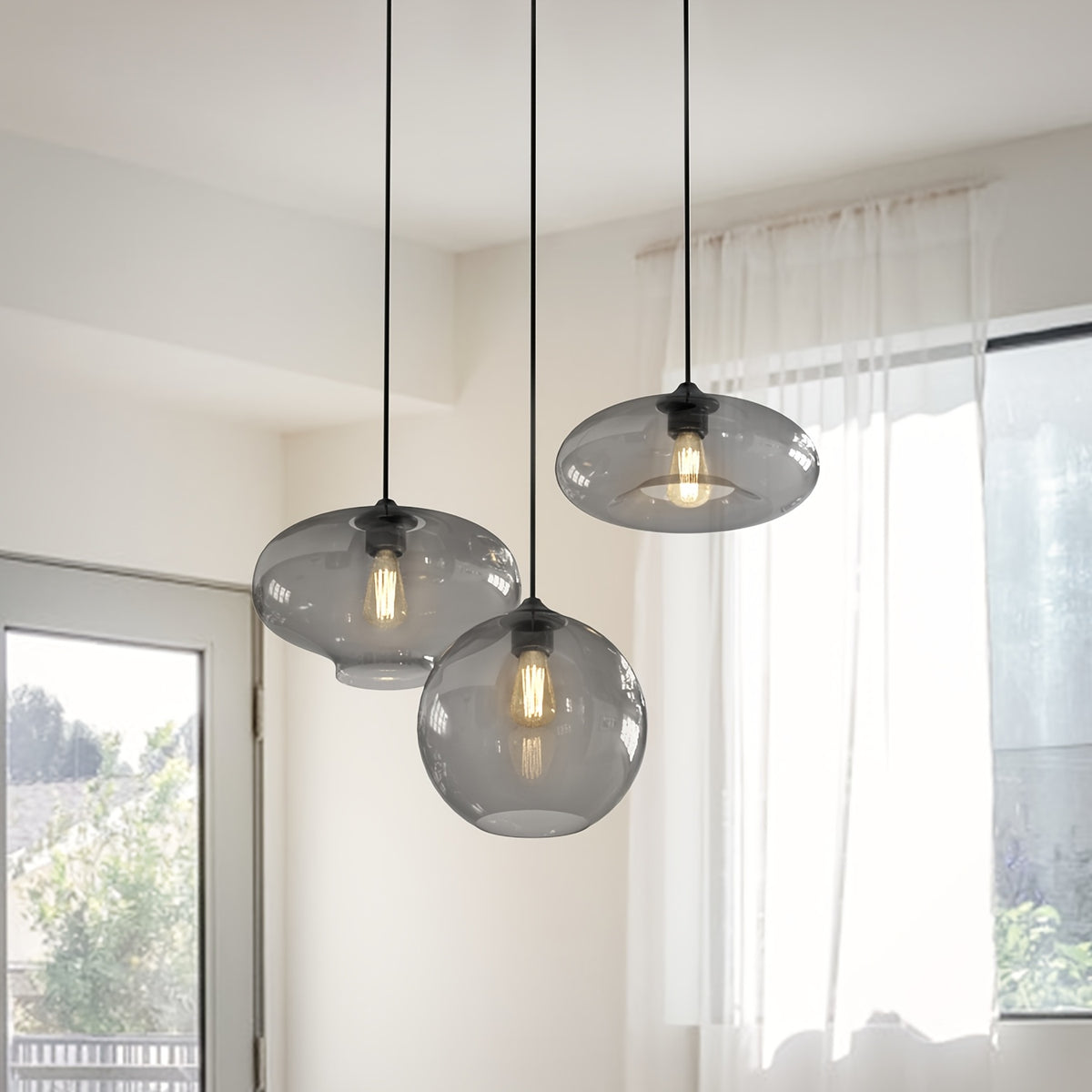 3-Light Cluster Pendant, Smoke Grey Glass on Black