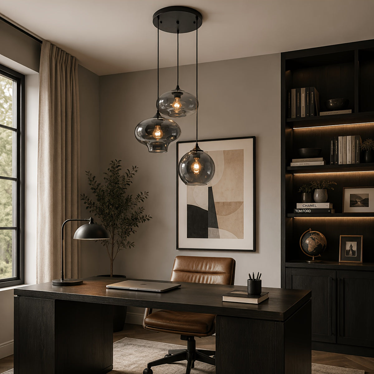 12in Smoked Glass Pendant Chandelier, 3-Light Black