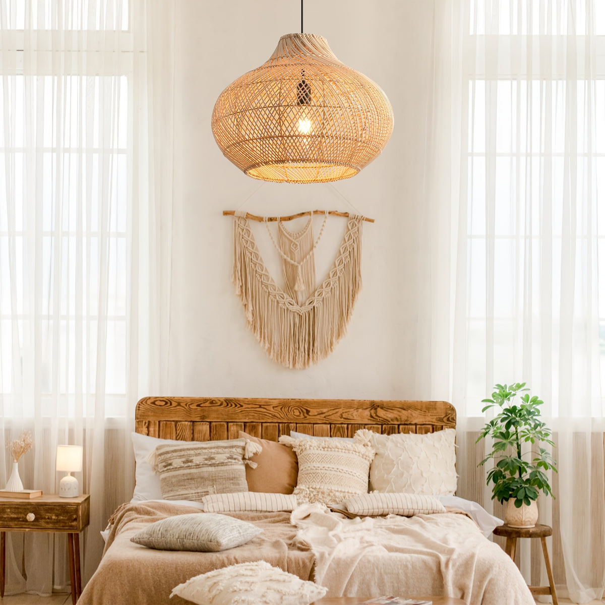 13.8in Caged Rattan Pendant Light, Coastal Woven Ceiling Light