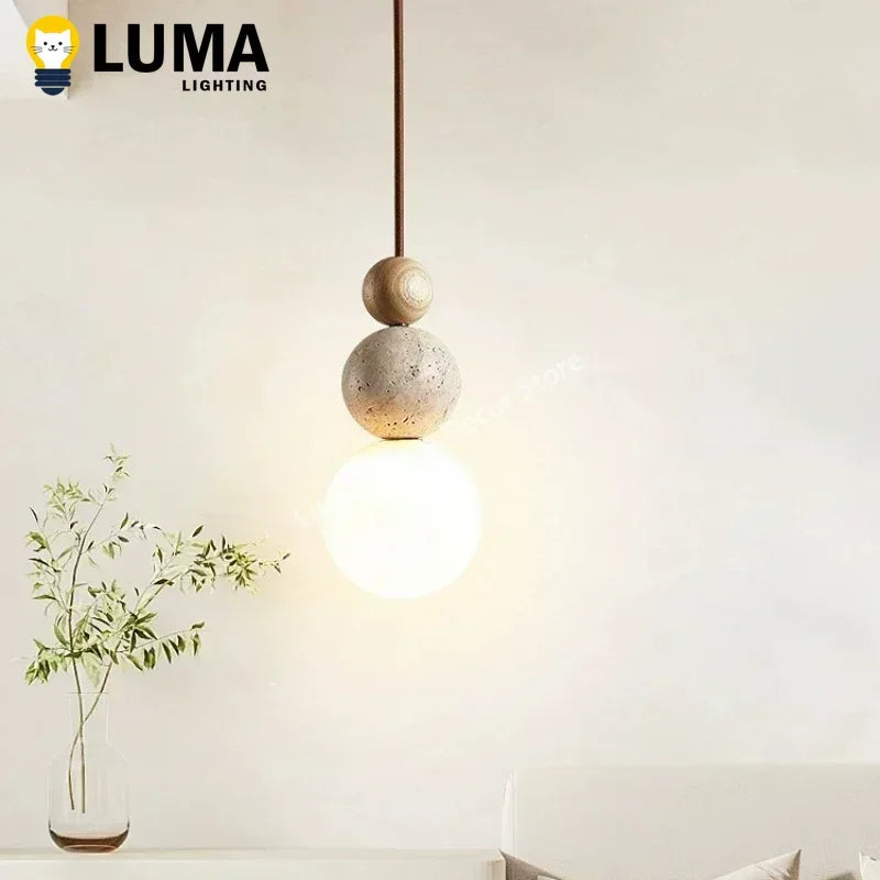 Travertine & Wood Pendant Light, Stone Ceiling Lamp