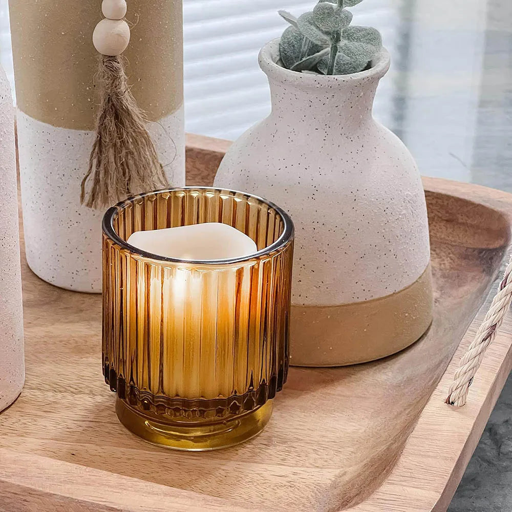 Ribbed Amber Glass Tealight Holders