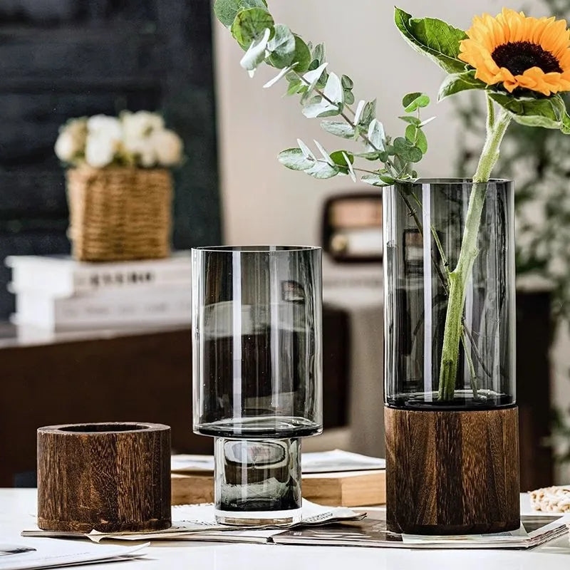 Glass Propagation Vase with Wooden Base, Minimalist Bud Vase