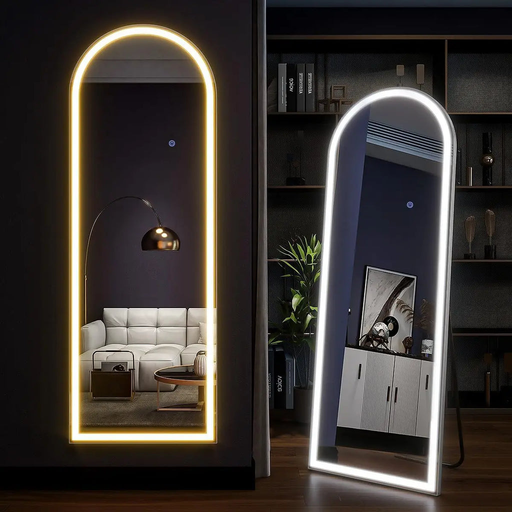 63in Arched Full Length Mirror with LED Lights, Floor Standing