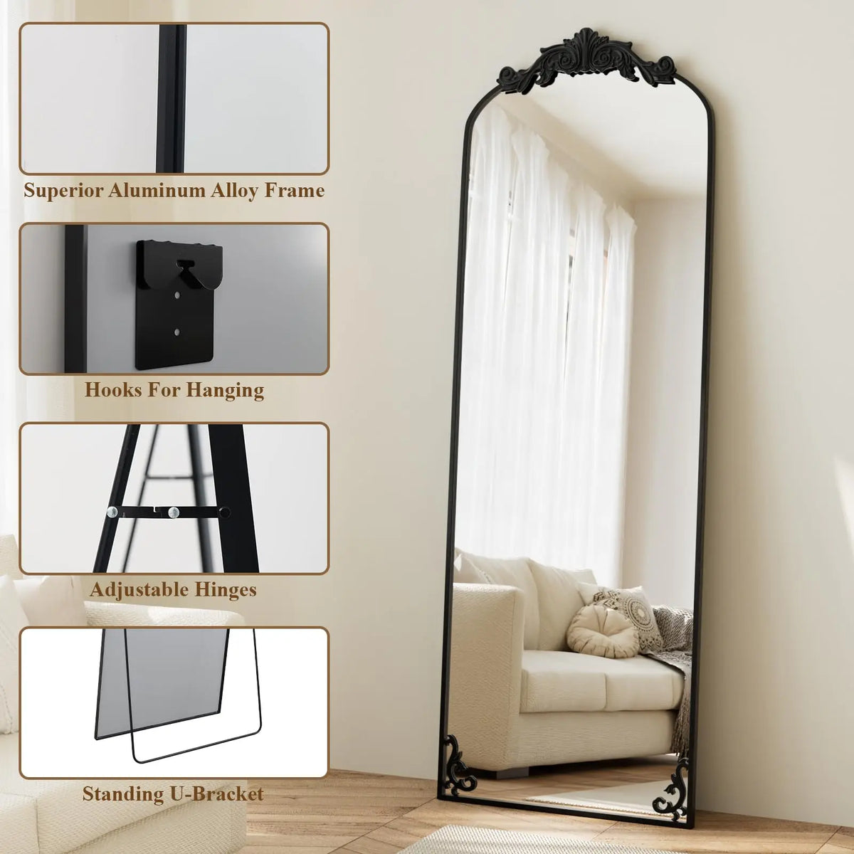 64x21in Gold Arched Mirror, Vintage Metal Frame Full Length