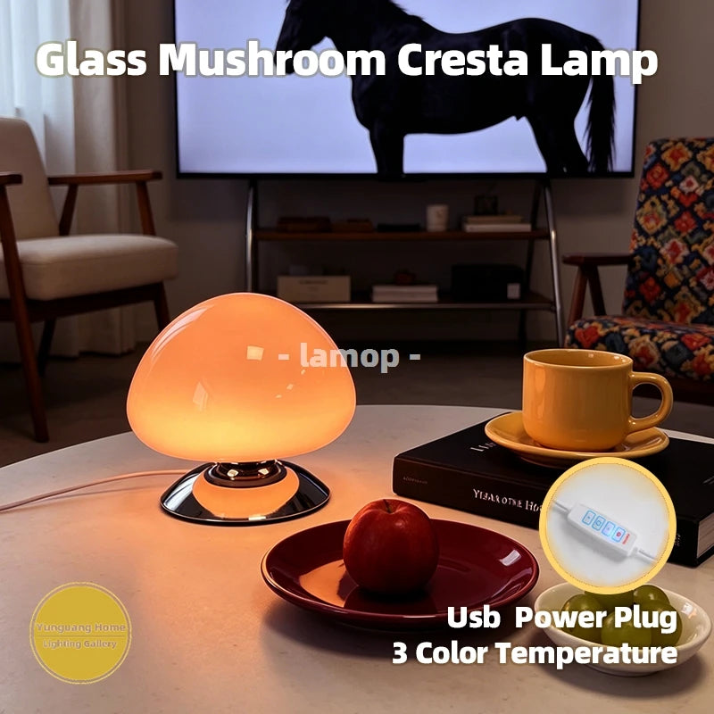 Coloured Glass Mushroom Lamp, Retro Bedside Table Light