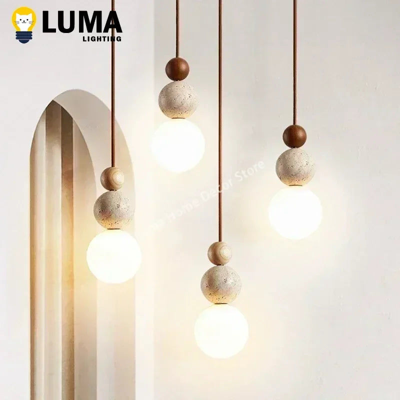 Travertine & Wood Pendant Light, Stone Ceiling Lamp