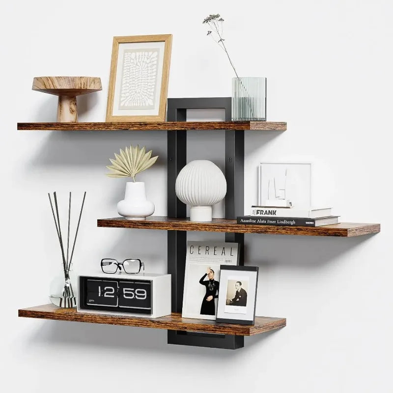 3-Tier Floating Shelves, Wood & Iron Wall Shelf Set