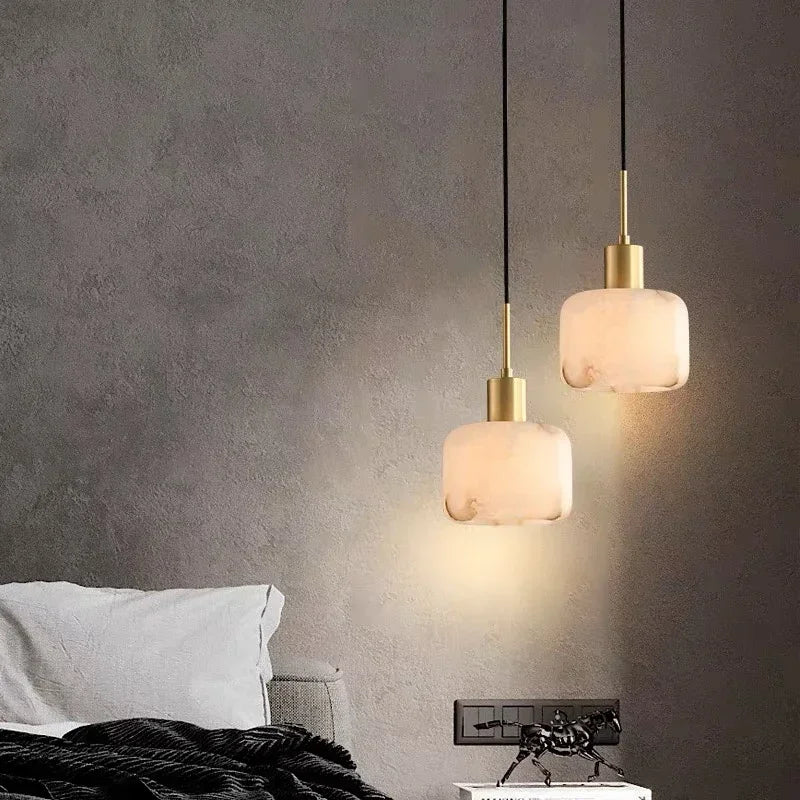 Brass & Alabaster Chandelier, Marble LED Ceiling Light