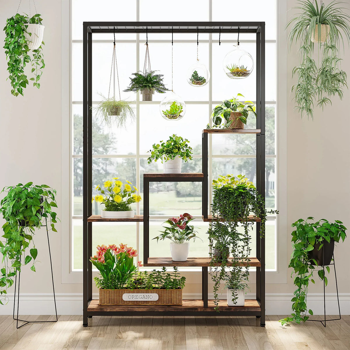 5-Tier Tall Plant Stand 70.9in, Metal Shelf with 10 Hooks