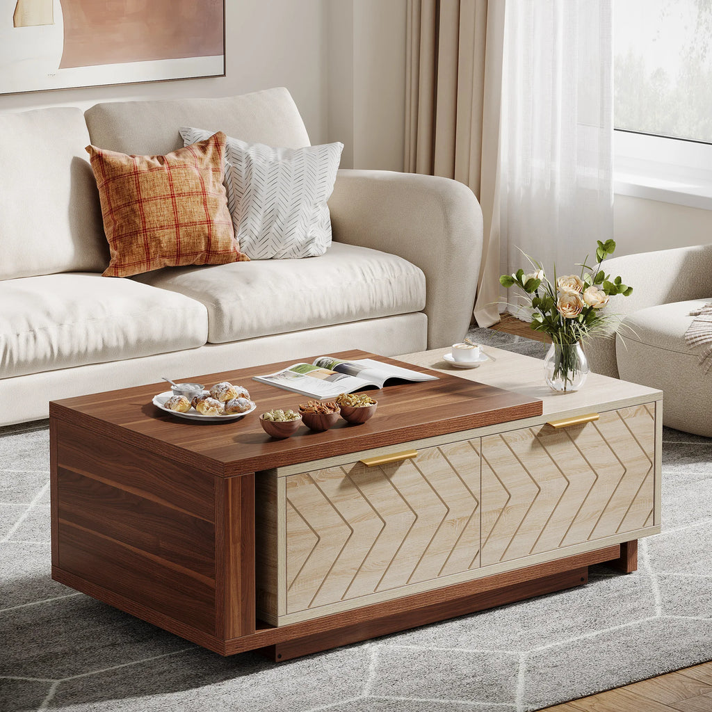 Extendable Coffee Table 42-65in, Walnut & Oak with Drawers
