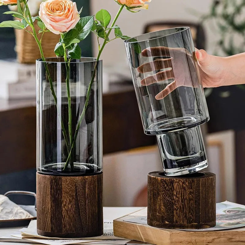 Glass Propagation Vase with Wooden Base, Minimalist Bud Vase