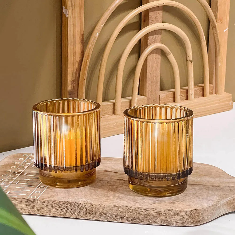 Ribbed Amber Glass Tealight Holders