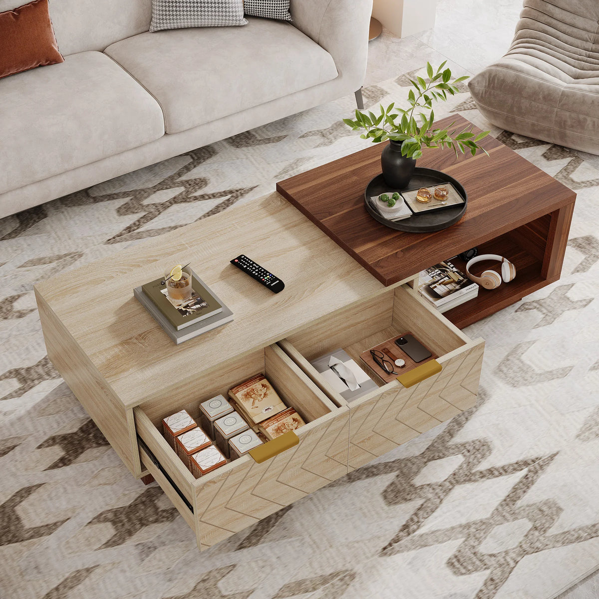 Extendable Coffee Table 42-65in, Walnut & Oak with Drawers