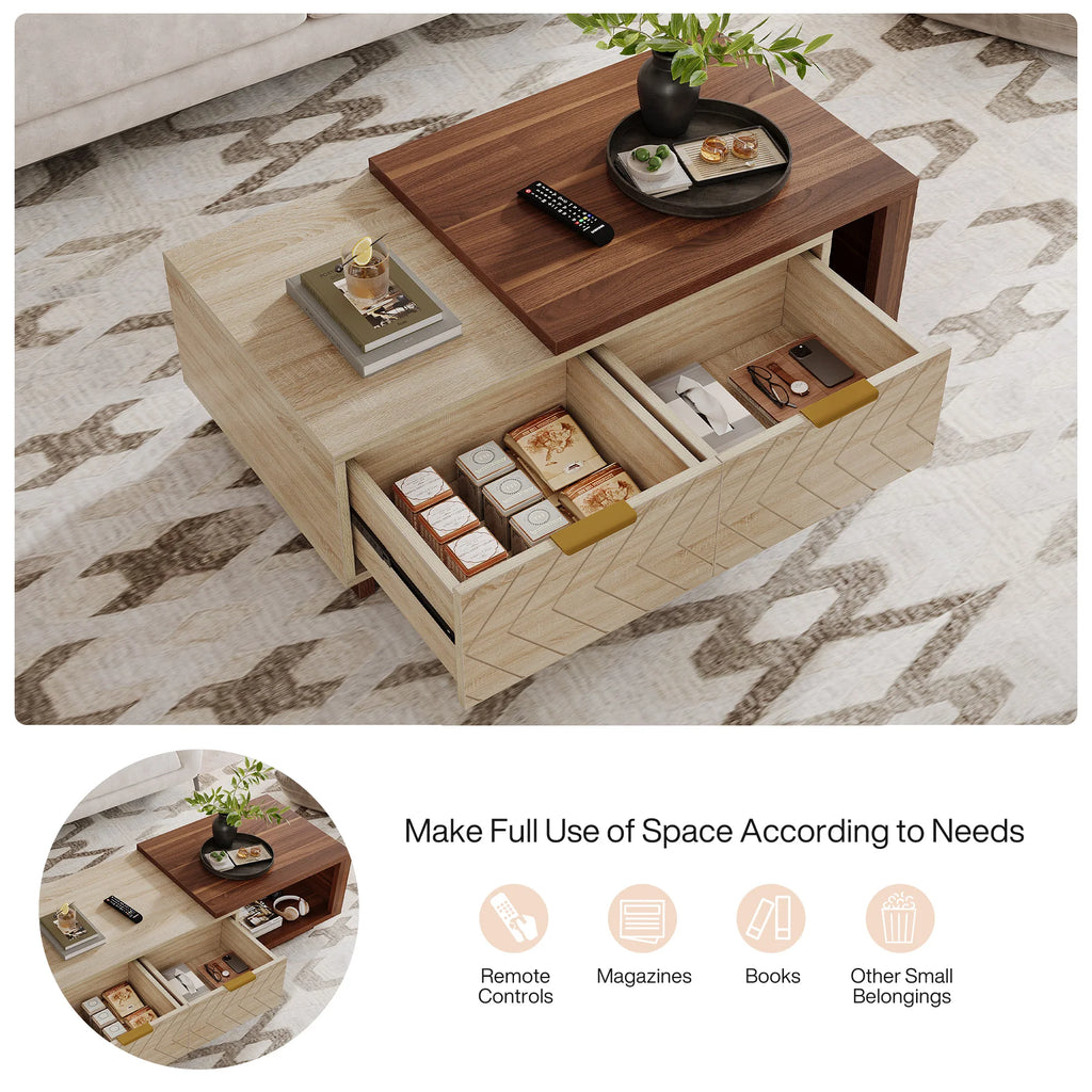 Extendable Coffee Table 42-65in, Walnut & Oak with Drawers