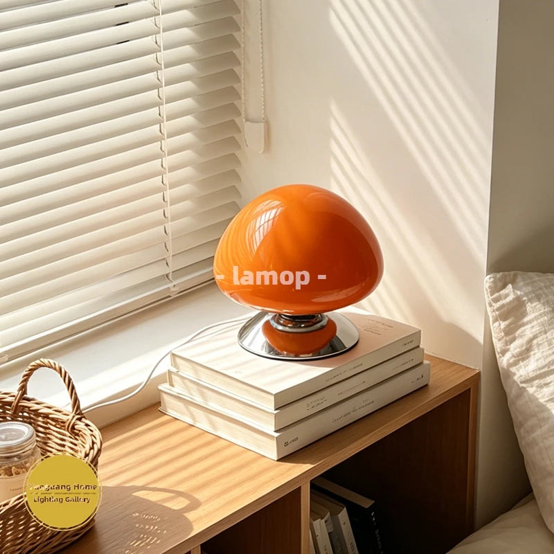 Coloured Glass Mushroom Lamp, Retro Bedside Table Light