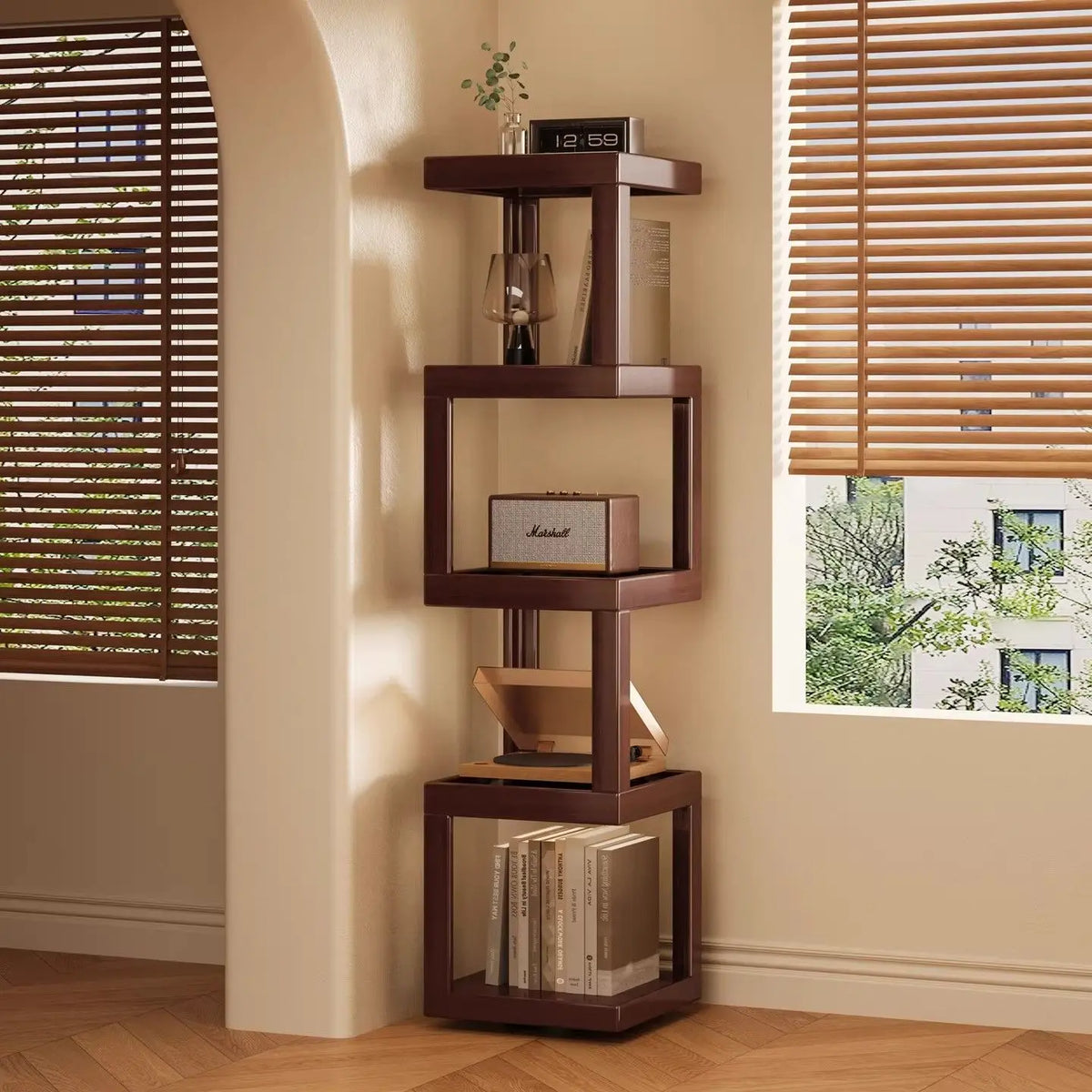 Corner Bamboo Bookshelf, Rotating Base 3, 4 or 5 Tier