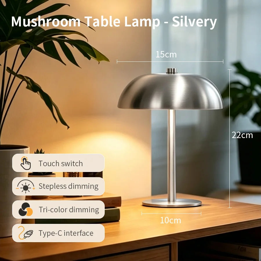 Cordless Mushroom Table Lamp, Silver