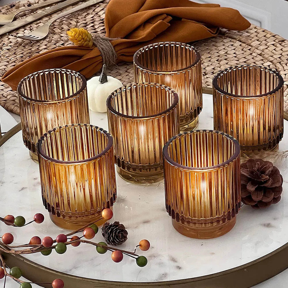 Ribbed Amber Glass Tealight Holders