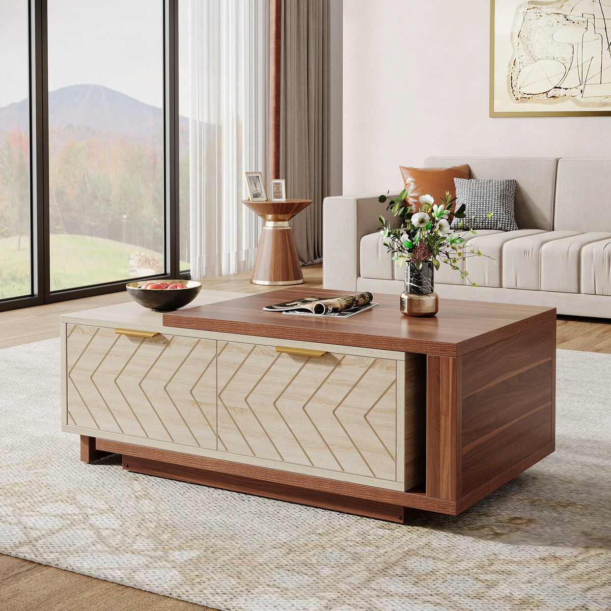 Extendable Coffee Table 42-65in, Walnut & Oak with Drawers