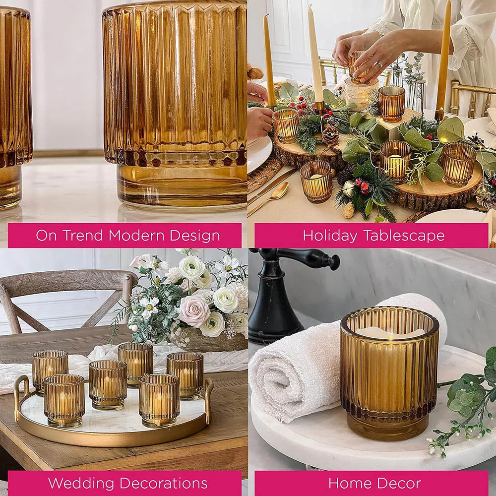 Ribbed Amber Glass Tealight Holders