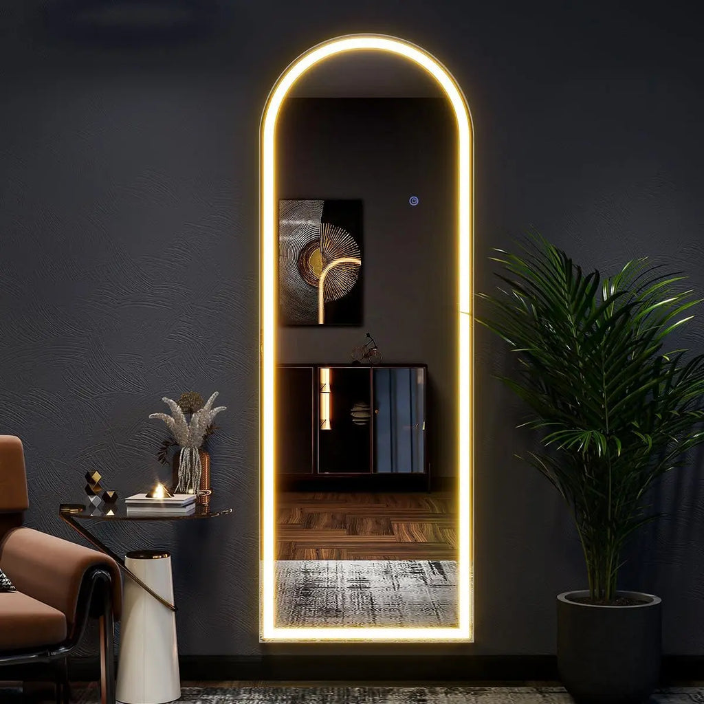 63in Arched Full Length Mirror with LED Lights, Floor Standing